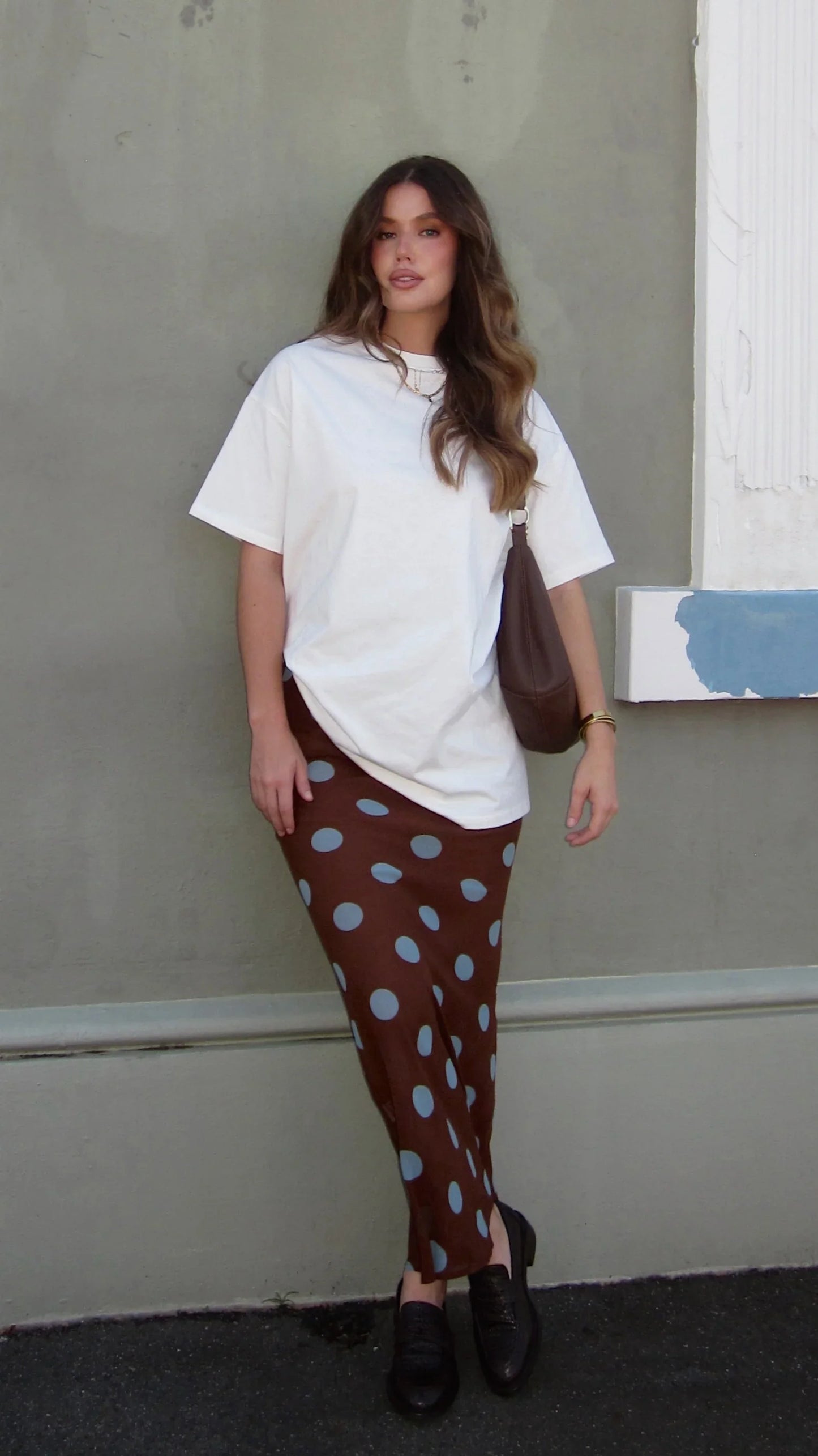 Yumi Oversized Tee and Sheer Skirt Set White Brown Blue Polka