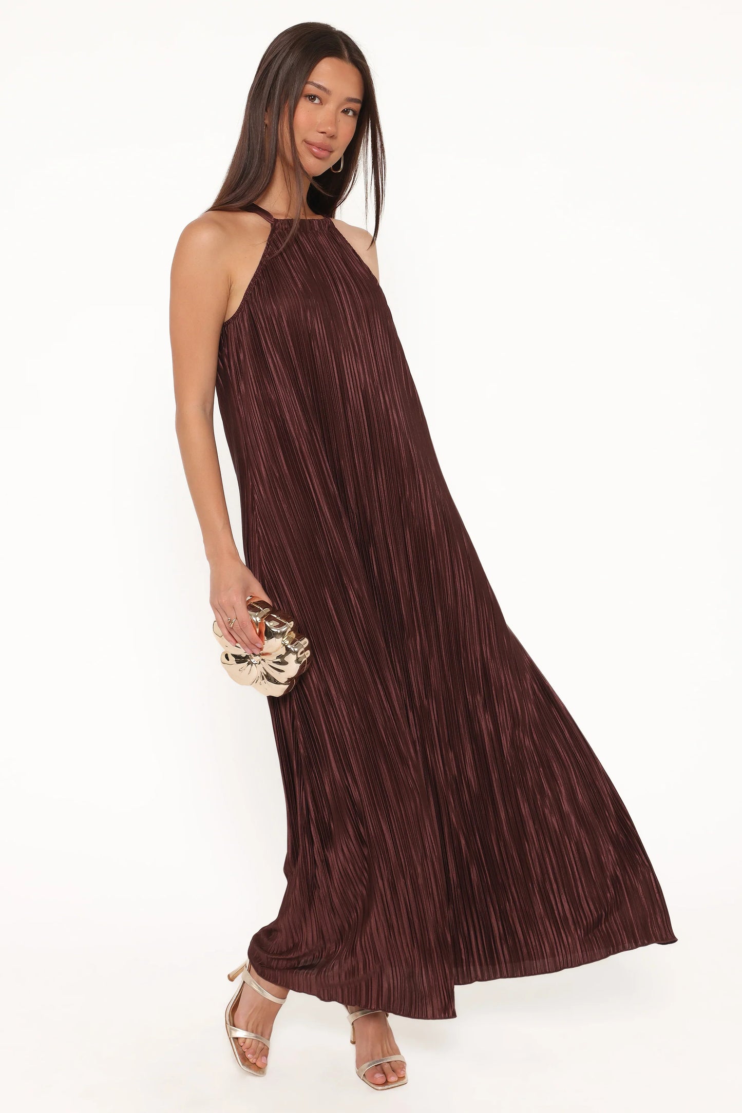 Melody Plisse Halter Maxi Dress Brown