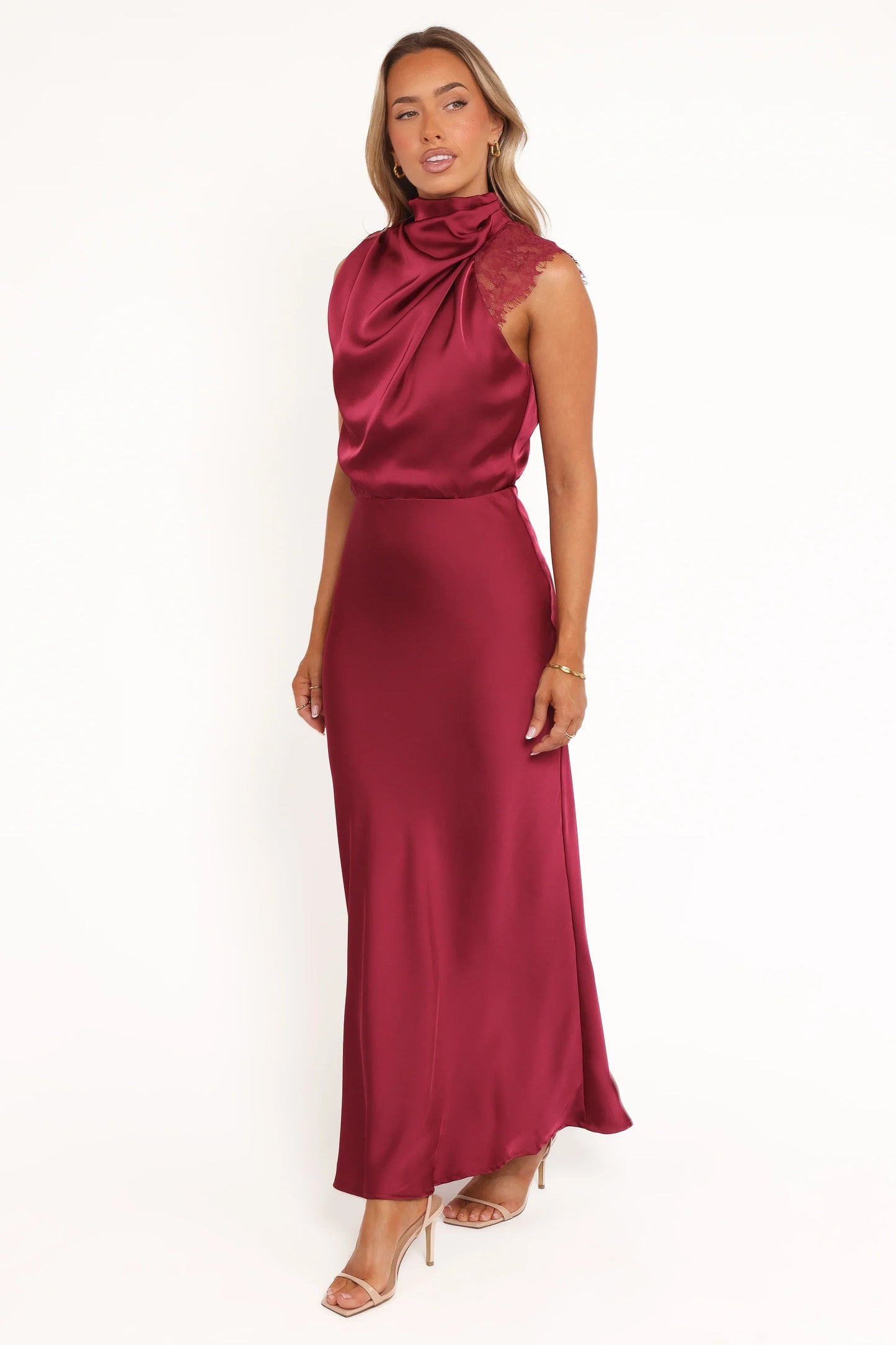 Anabelle Halter Neck Lace Maxi Dress Berry