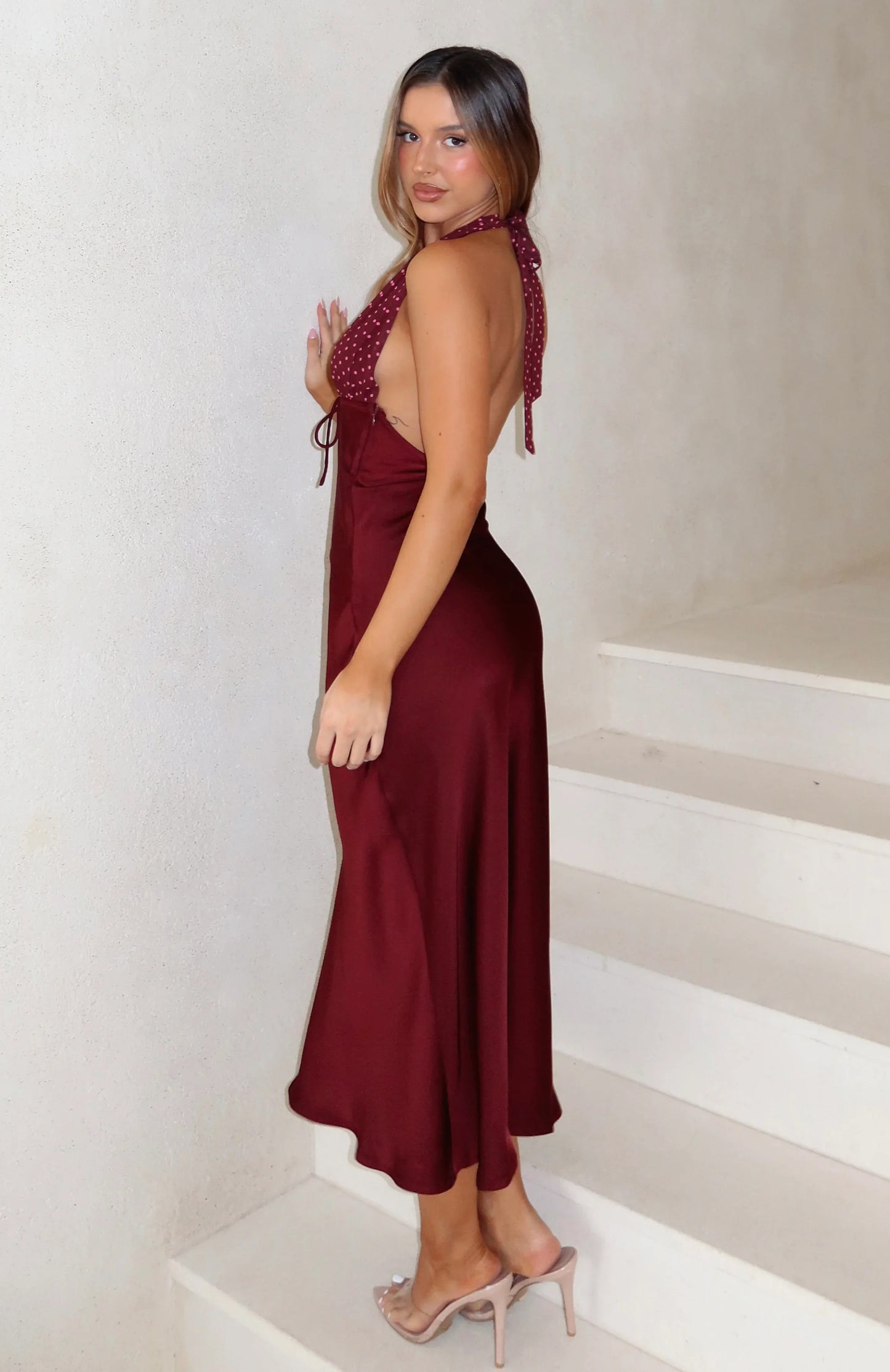 Guess You Miss Me Halter Midi Dress Burgundy Pink Dot