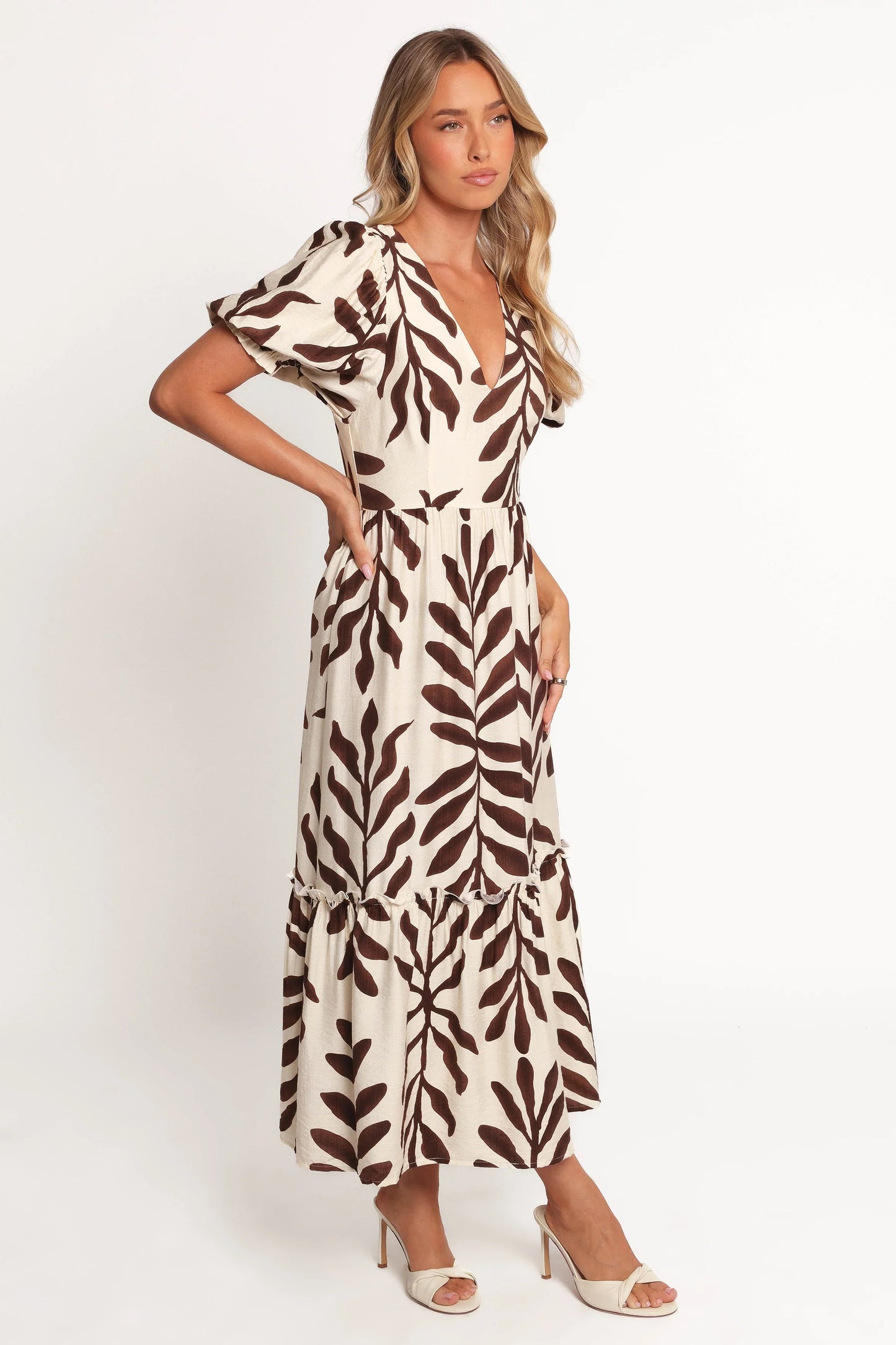 Steele Puff Sleeve Midi Dress Brown Palm