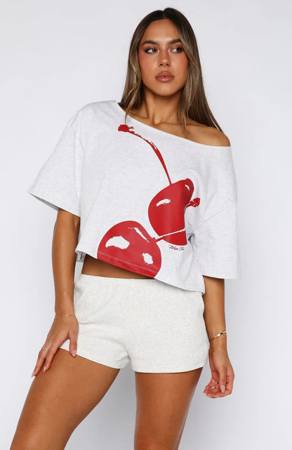 Just In Time Off Shoulder Cropped Tee Grey Marle