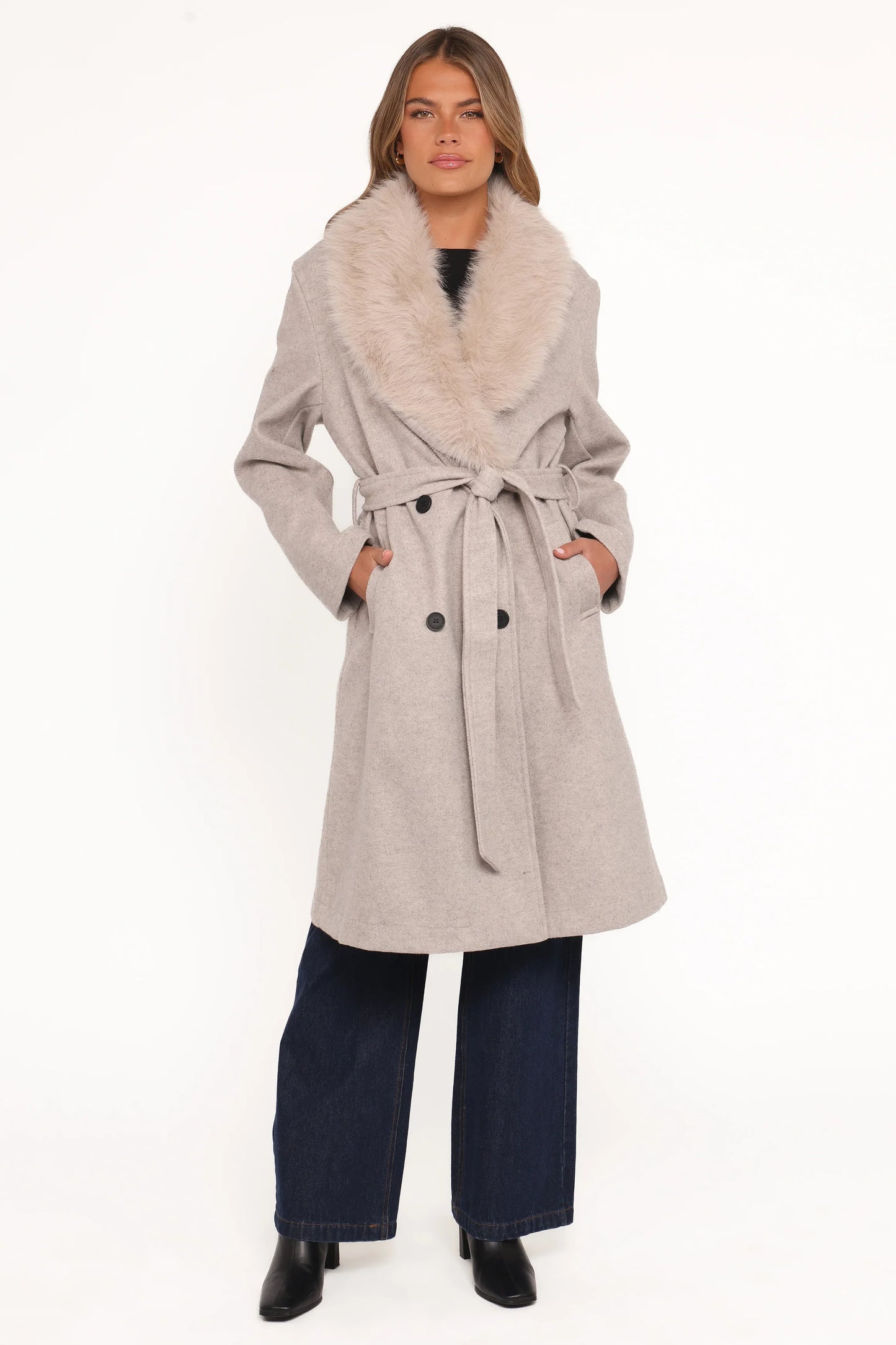 Nina Fur Collar Tie Waist Coat Cream