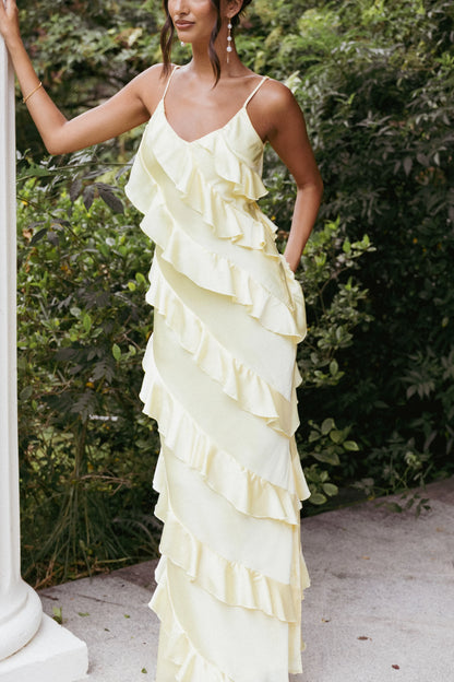 Ciao Ruffles Maxi Satin Dress Pale Yellow