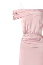 Elegant misty rose off the shoulder silk maxi dress