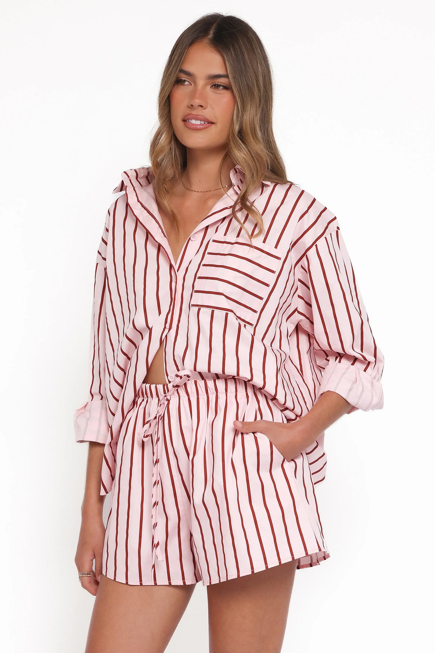 Ashlyn Short Set Pink And Burgundy Stripe