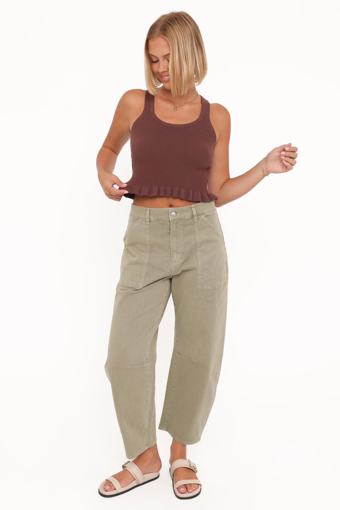 Berenice Ruffle Hem Knitted Top Brown