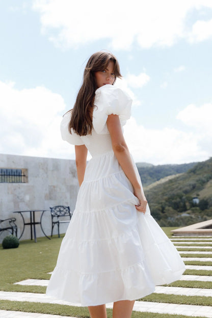 Annette Puff Sleeve Shirred Midi Dress White