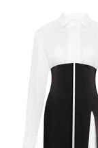 Elegant 3 piece set with white silk blouse white mini skirt and black crepe maxi skirt Xo Xo