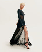 One shoulder maxi dress with feather trimmed bottom Xo Xo