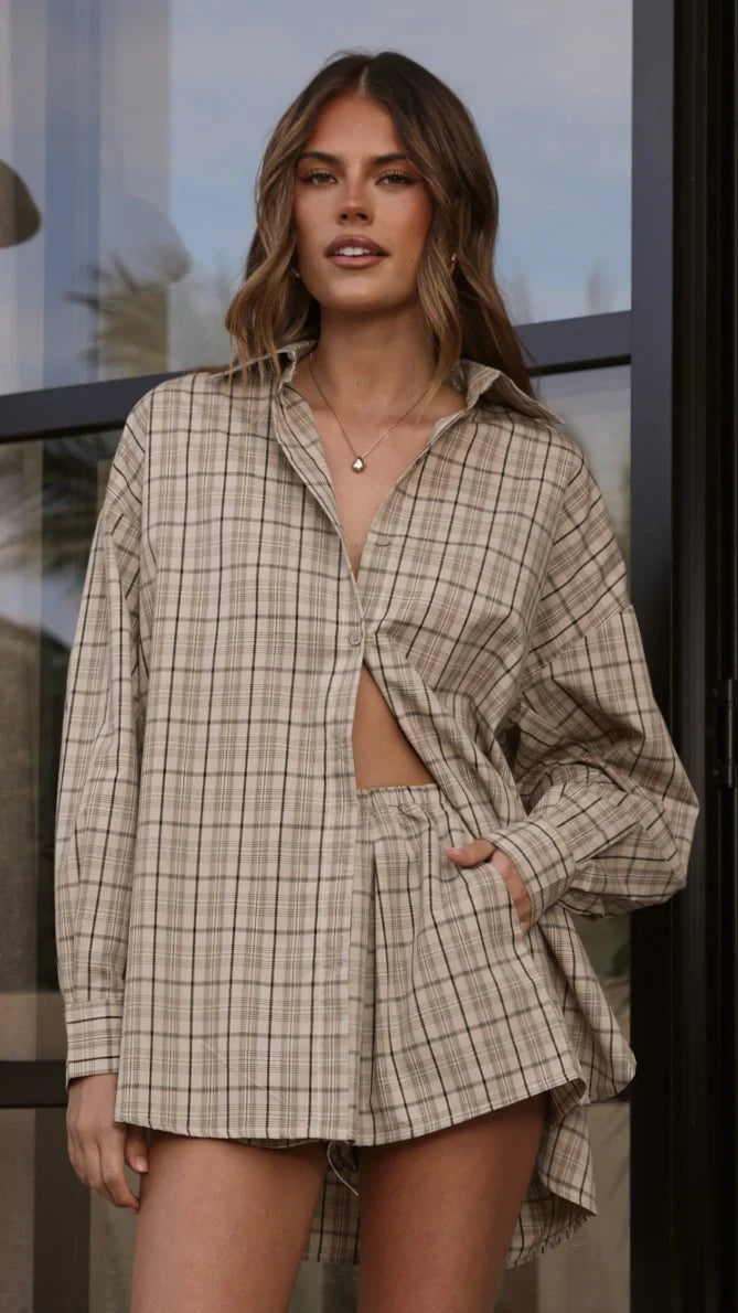 Arli Button Up Shirt Beige Brown Plaid