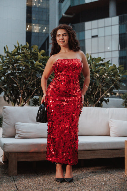 Karlie Strapless Sequin Maxi Dress Red