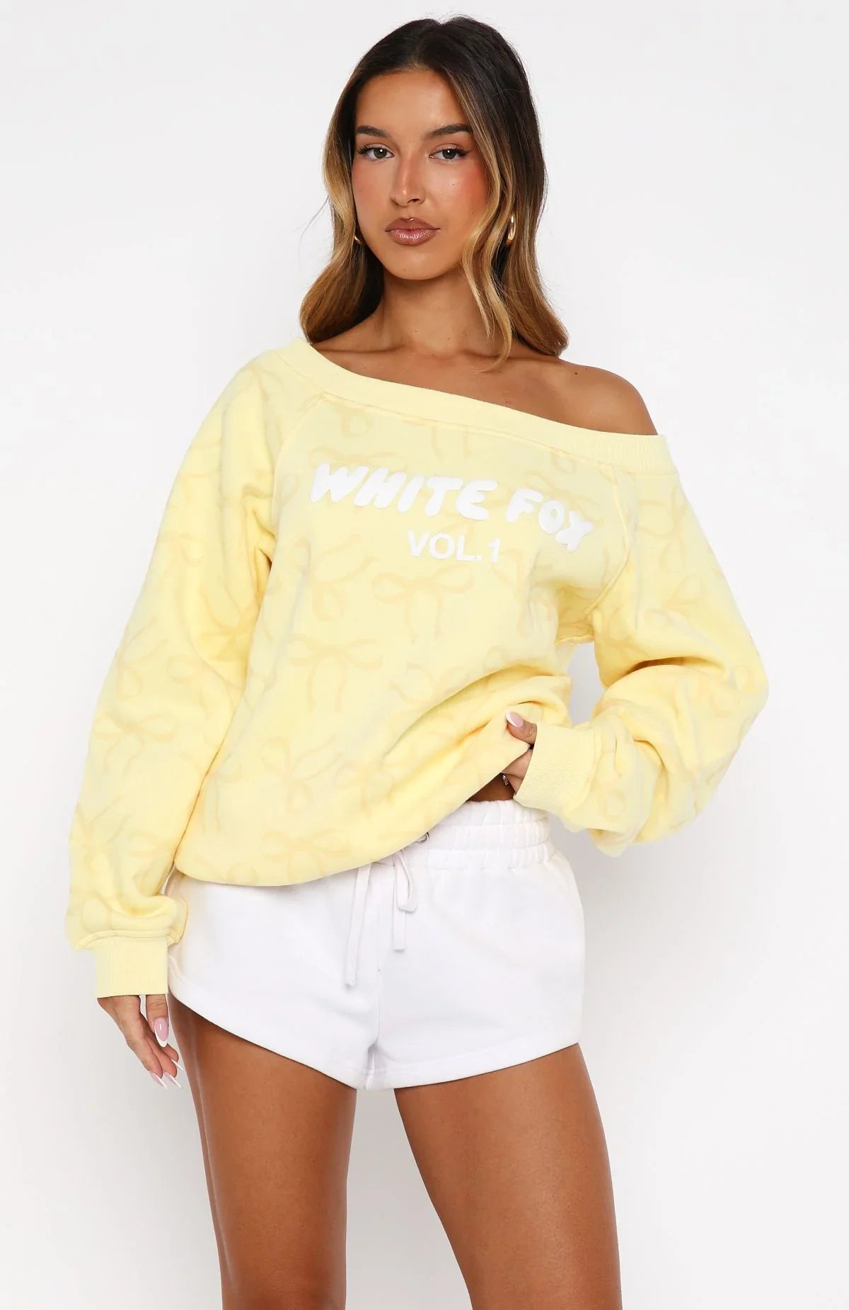 Vol 1 Off Shoulder Printed Sweater Lemon Bow