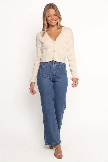 Zana Ribbed Ruffle Cuff Knit Sweater Cream