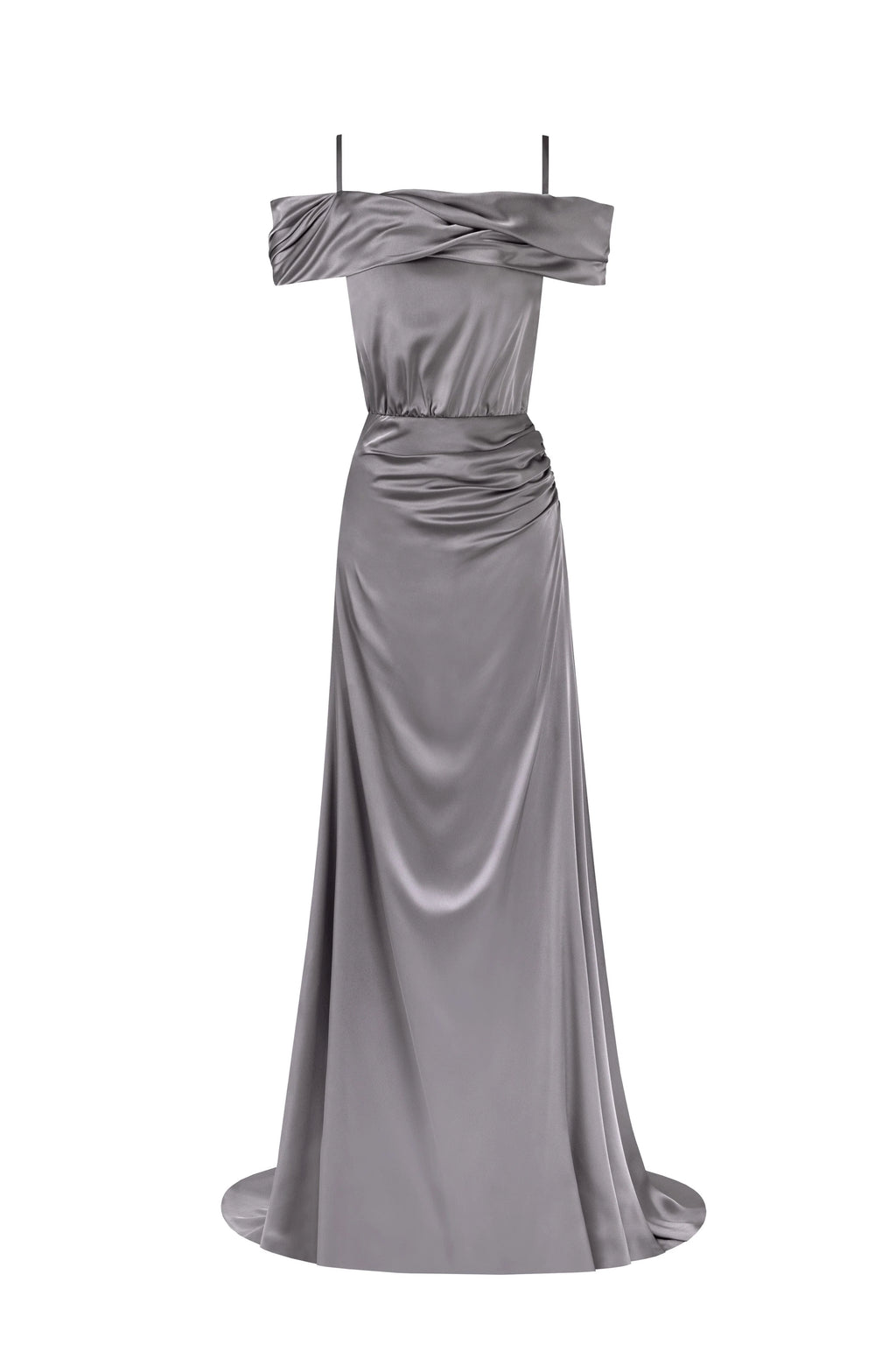 Elegant silver off the shoulder silk maxi dress