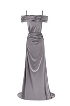 Elegant silver off the shoulder silk maxi dress