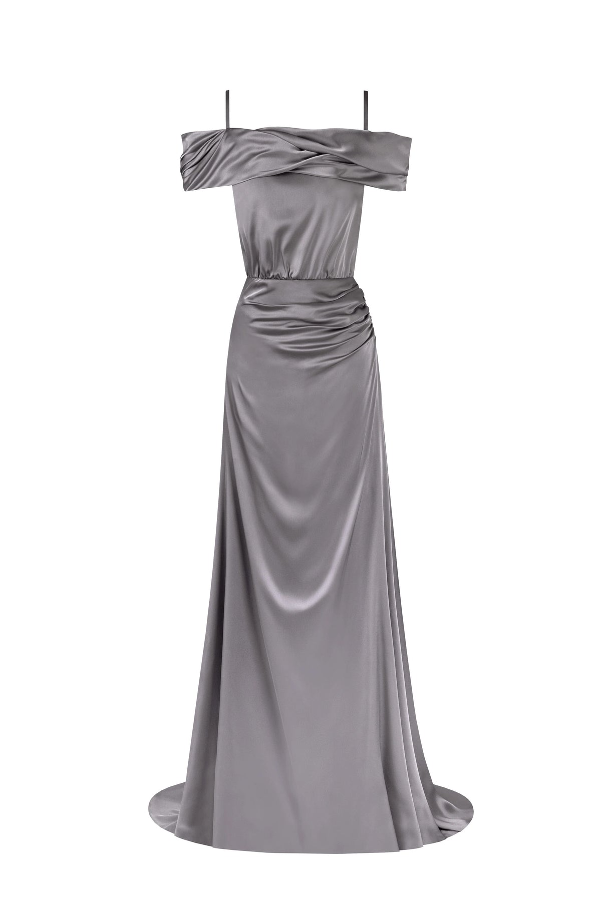 Elegant silver off the shoulder silk maxi dress