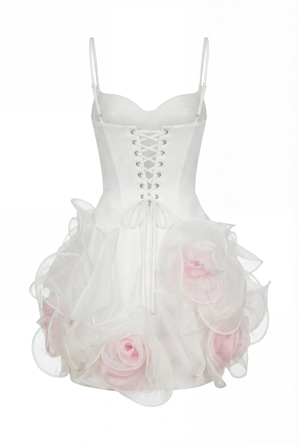 White mini dress with satin corset and 3D floral skirt
