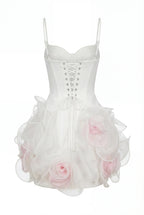 White mini dress with satin corset and 3D floral skirt