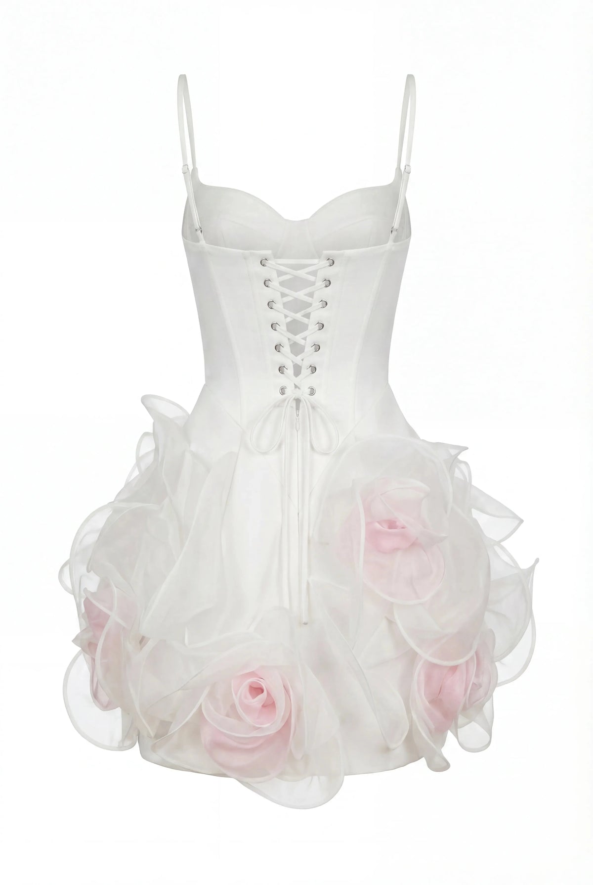 White mini dress with satin corset and 3D floral skirt