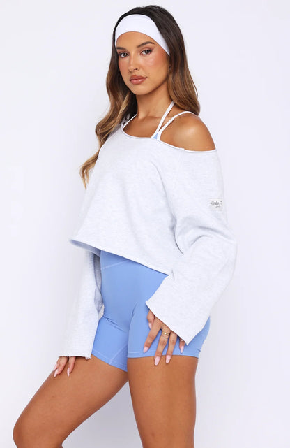 Keep It Rolling Cropped Off Shoulder Sweater Grey Marle
