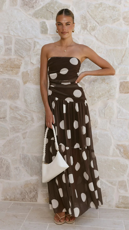 Riko Strapless Maxi Dress Chocolate Macro Polka