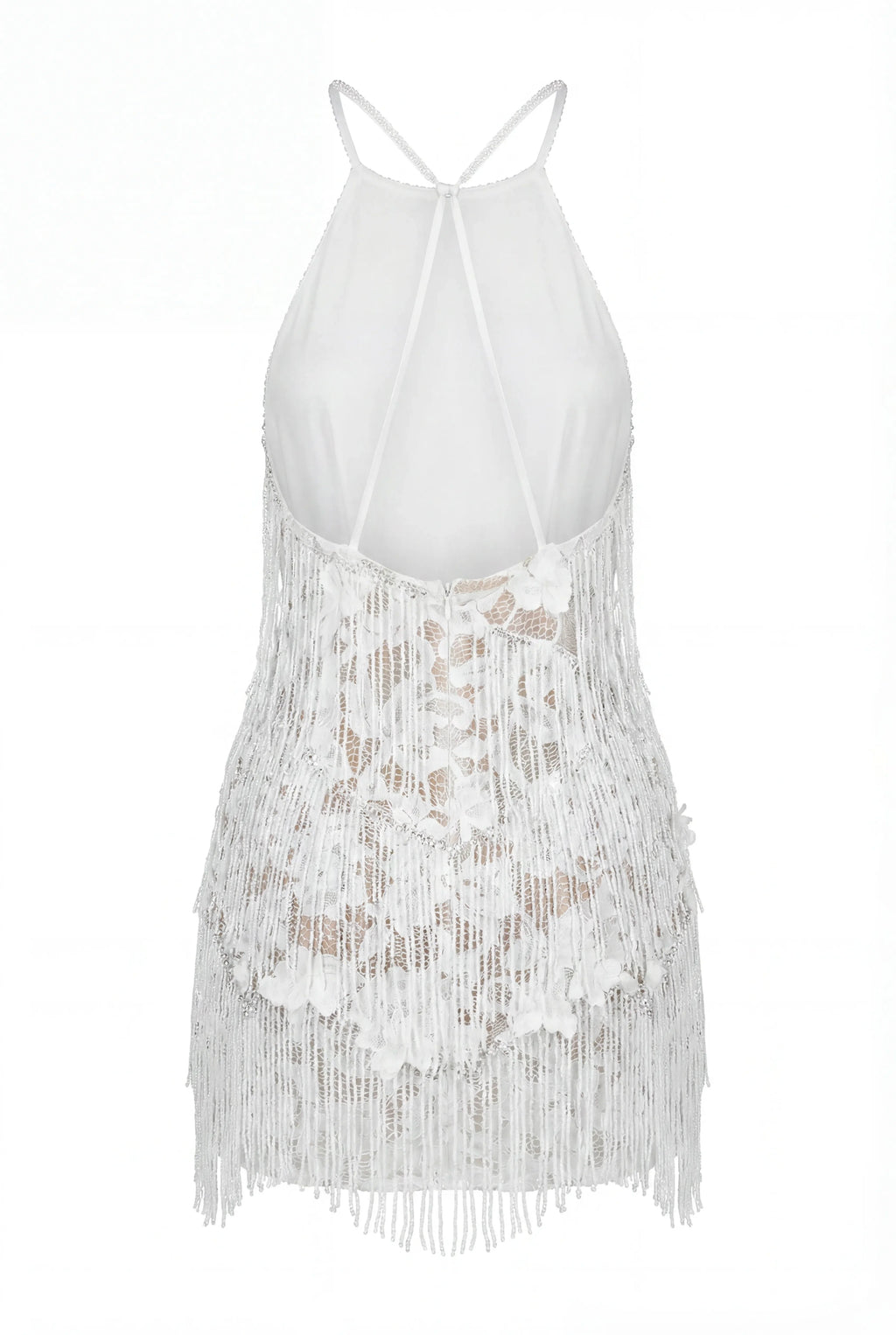 Ivory Lace Mini Dress with Beaded Fringe