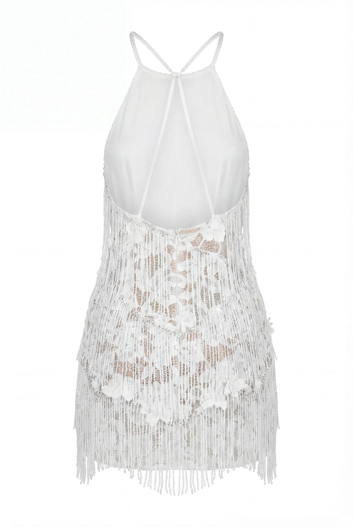 Ivory Lace Mini Dress with Beaded Fringe