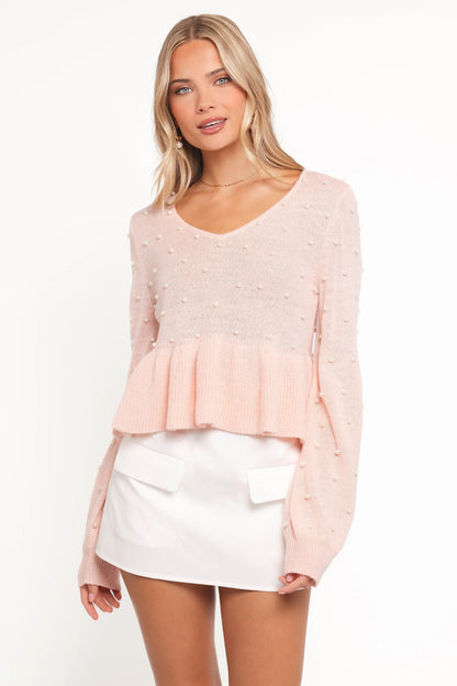 Molly Pearl Peplum Knit Sweater Light Pink