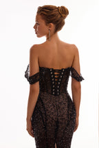 Striking black sequined fitted maxi dress Midnight Walk