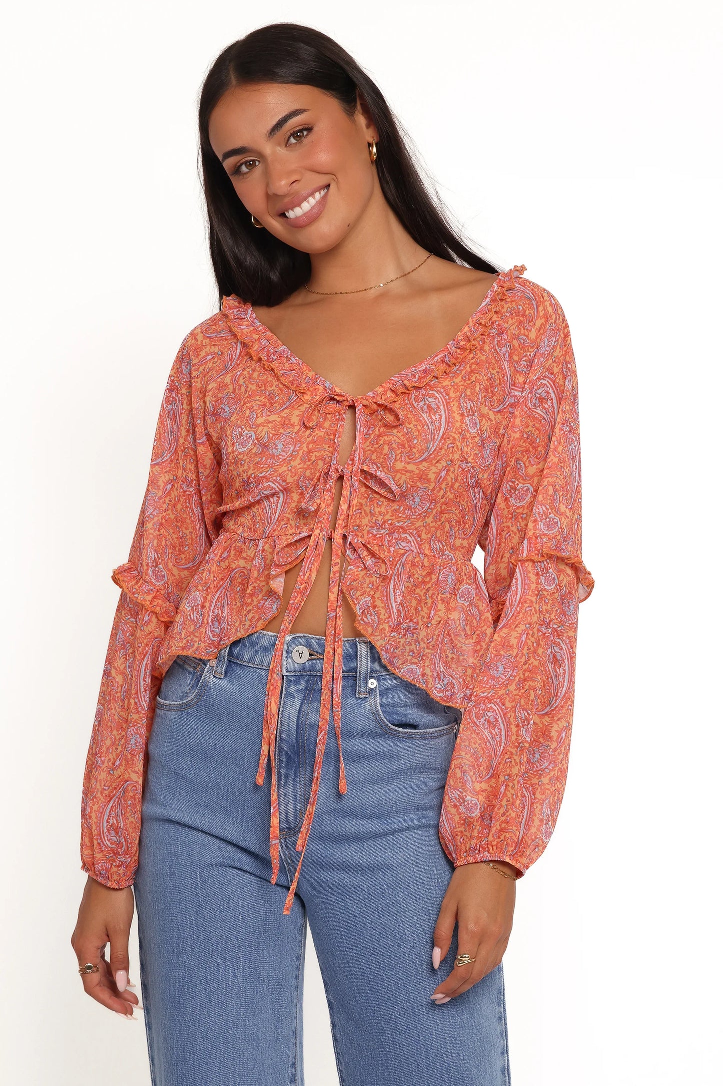 Isolt Tie Front Top Orange Paisley