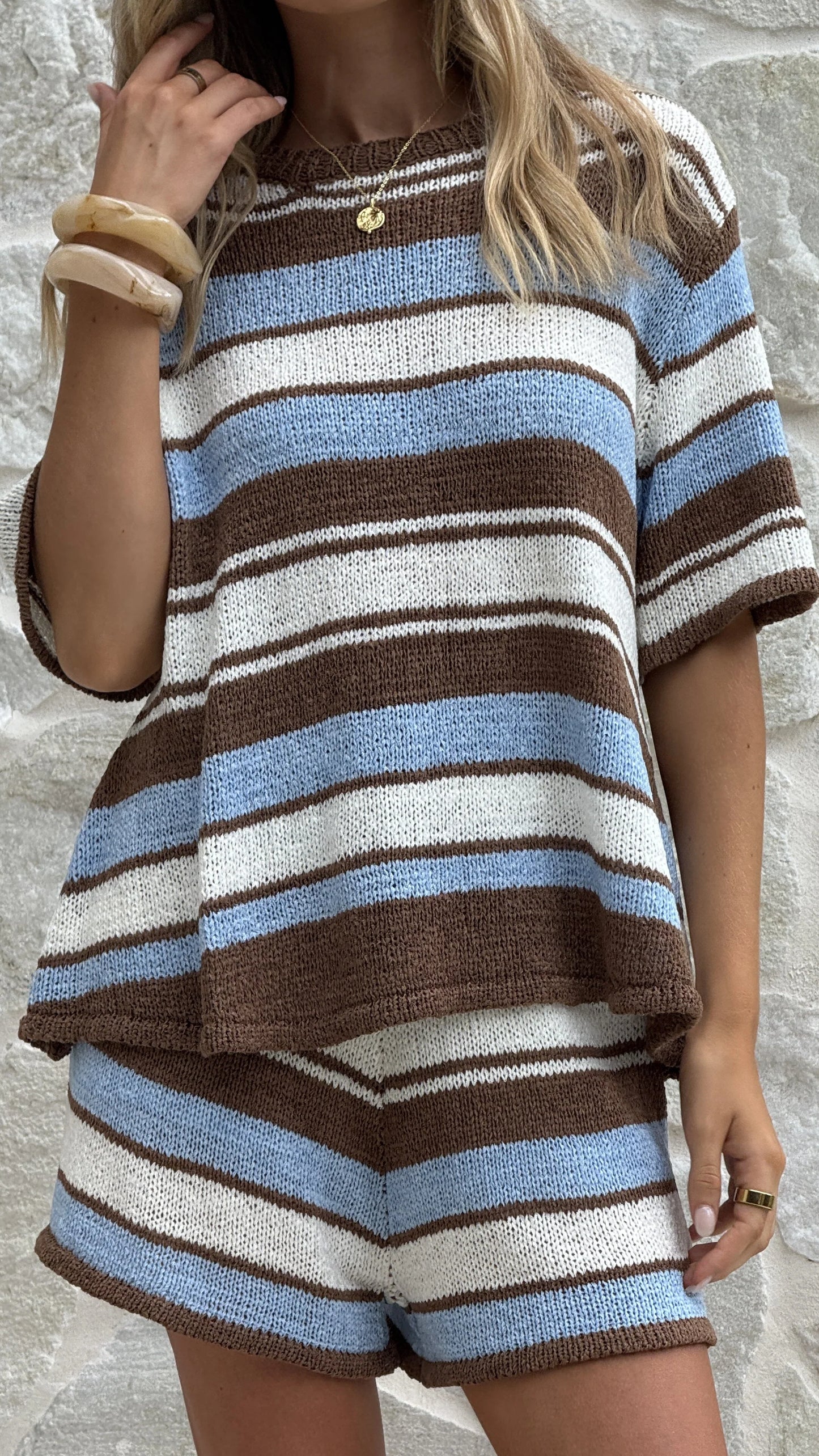 Makai Knitted T Shirt and Shorts Set Blue Chocolate Stripe