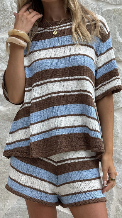 Makai Knitted T Shirt and Shorts Set Blue Chocolate Stripe