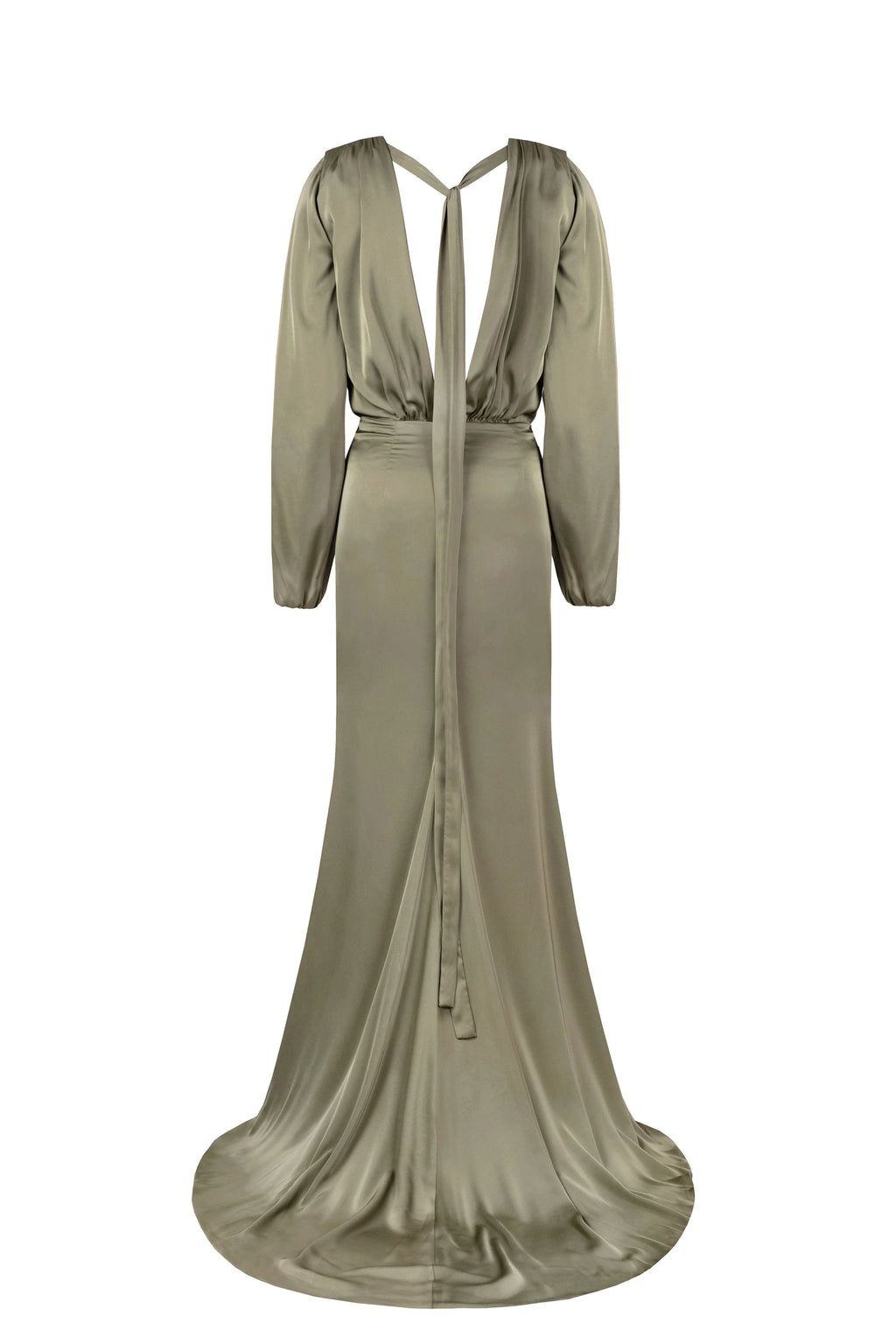 Fancy olive silk maxi evening dress