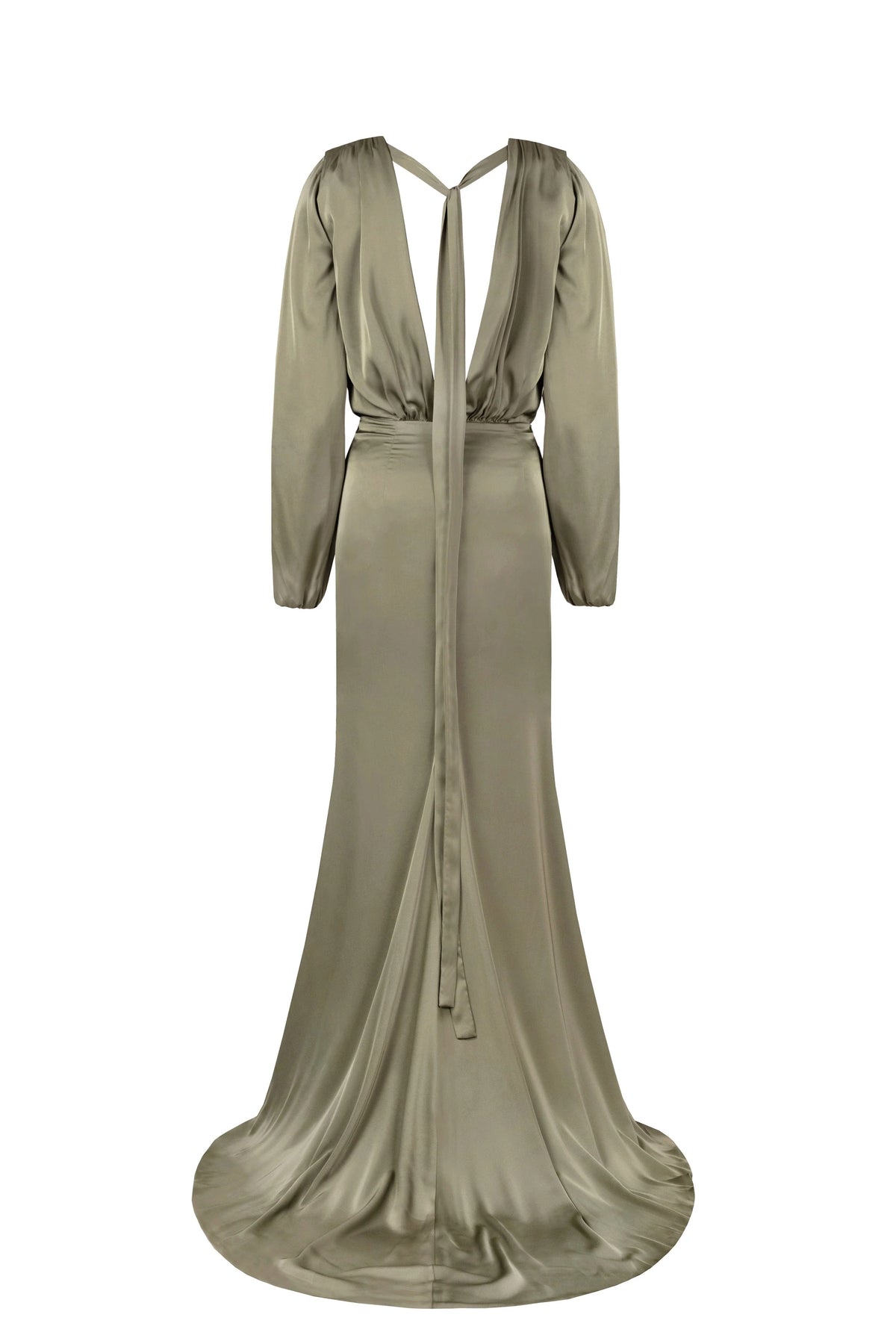 Fancy olive silk maxi evening dress