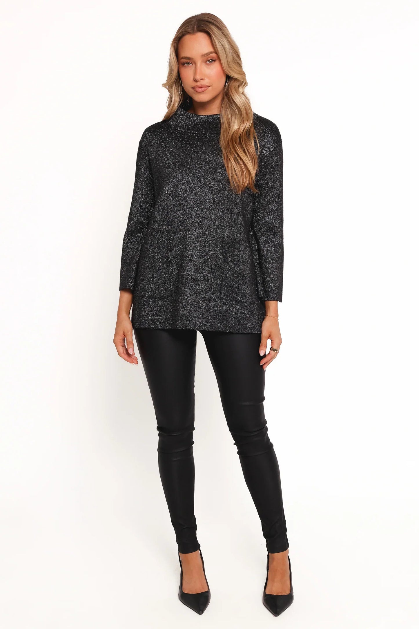 Tassie Cowlneck Lurex Shimmer Knit Sweater Black