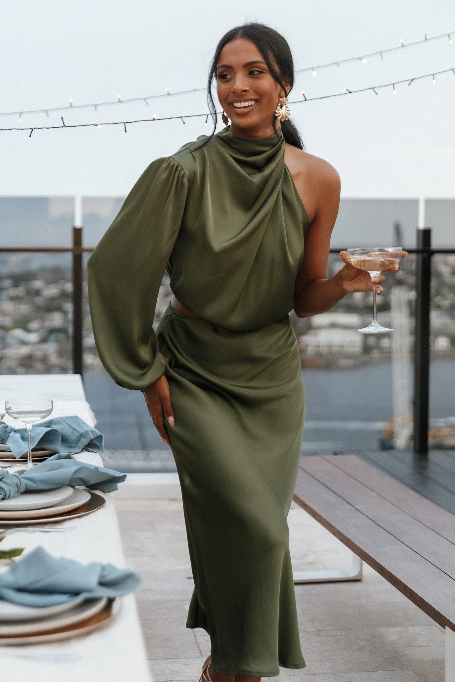 Amelie One Shoulder Midi Dress Olive