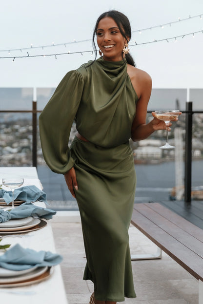 Amelie One Shoulder Midi Dress Olive