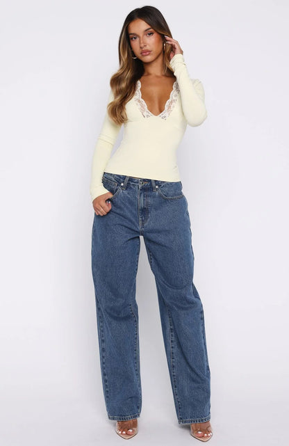 Knew That All Along Lace Trim Long Sleeve Top Lemon