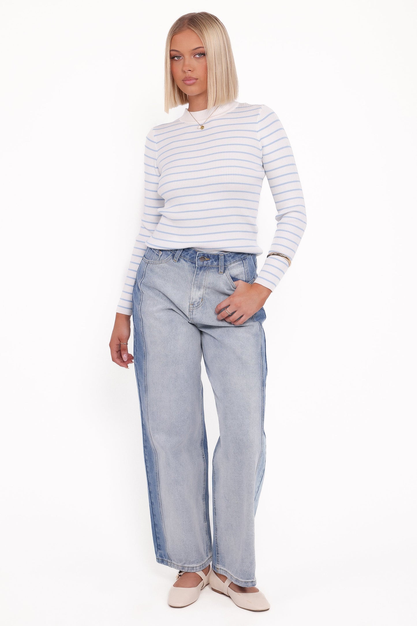 Stacie Ribbed Knit Top Light Blue Stripe