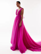 Fuchsia Bow Back Maxi Evening Tulle Dress