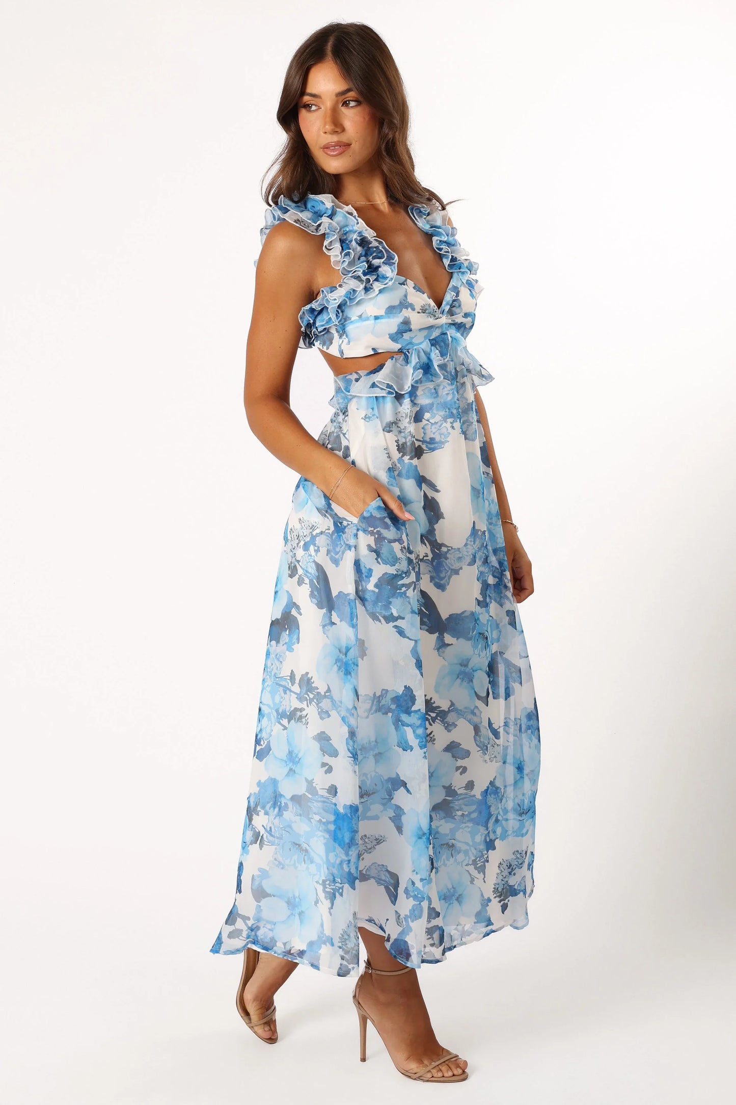 Lucah Frill Shoulder Maxi Dress Blue White Floral