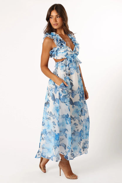Lucah Frill Shoulder Maxi Dress Blue White Floral