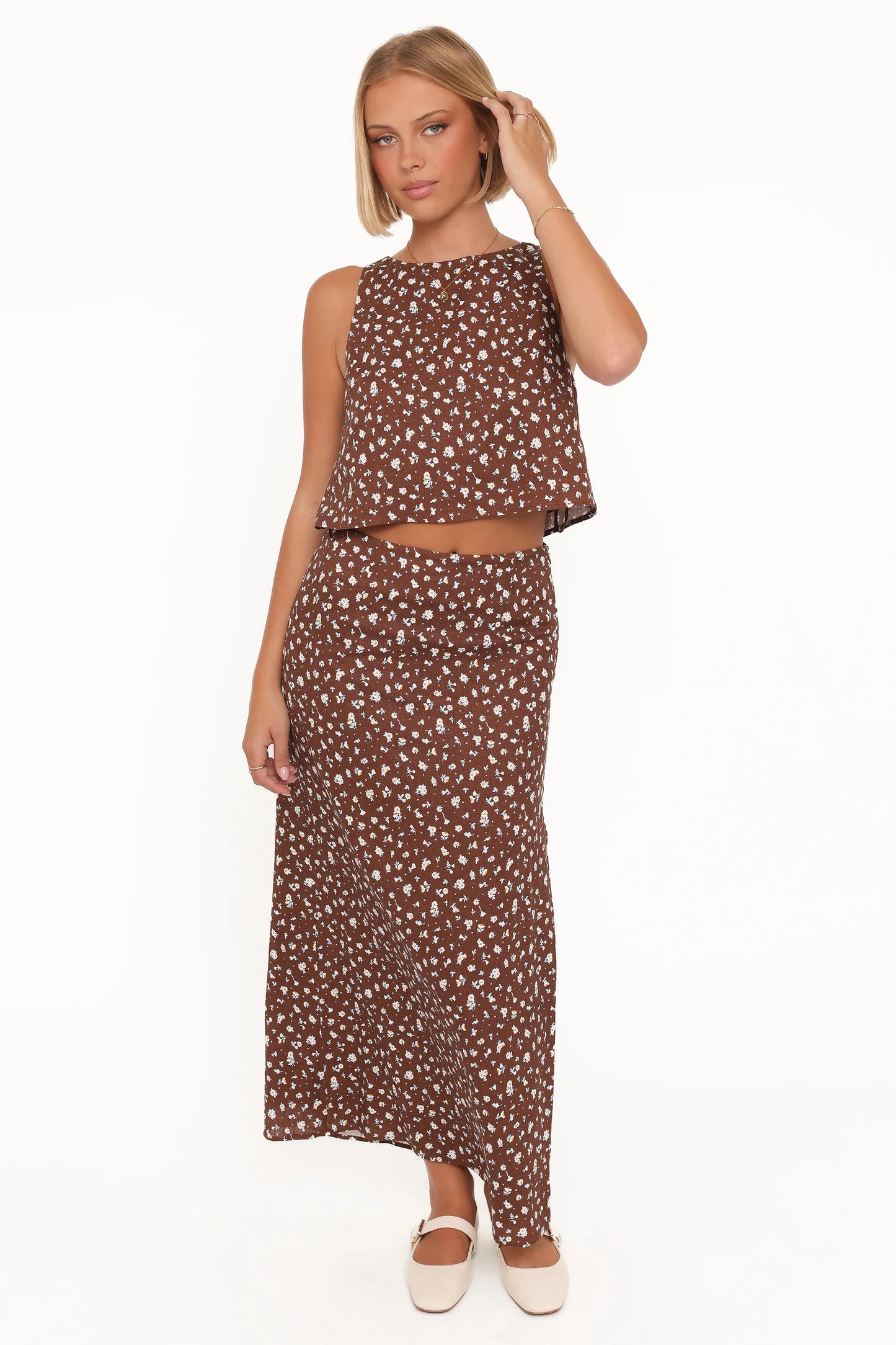 Madison Linen Column Skirt Brown Floral