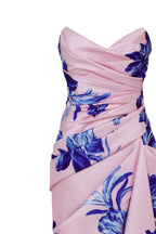Strapless pink maxi dress with blue flowered pattern Glow Up