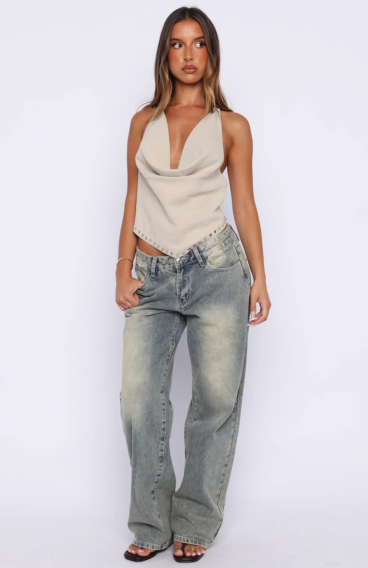 Heels And Hustle Cowl Neck Halter Top Stone