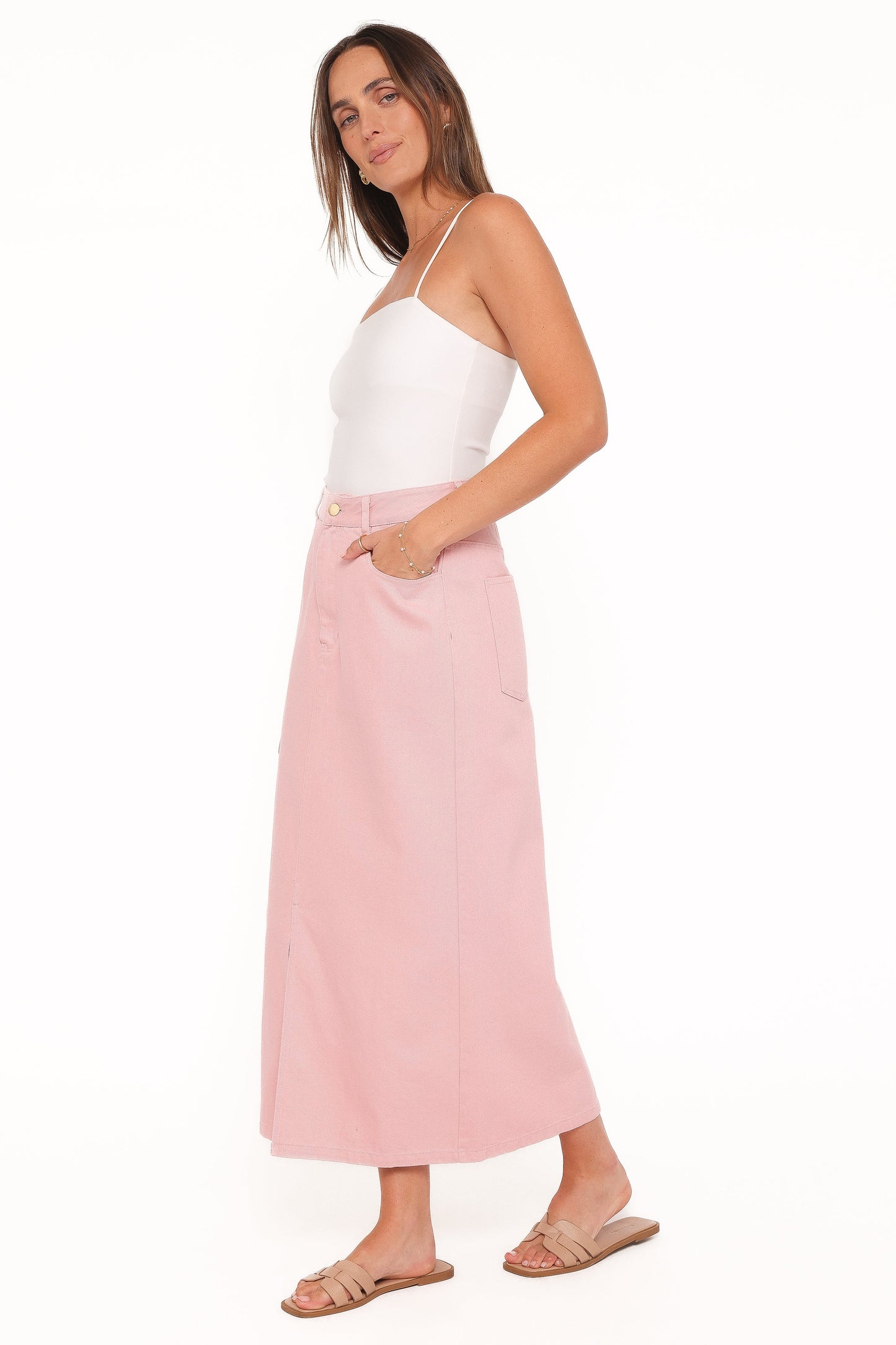 Dana Denim Midi Skirt Dusty Pink