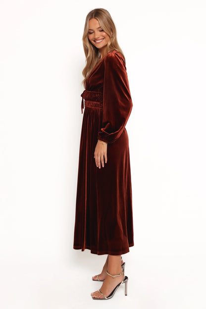 Cece Velvet Long Sleeve Maxi Dress Rust