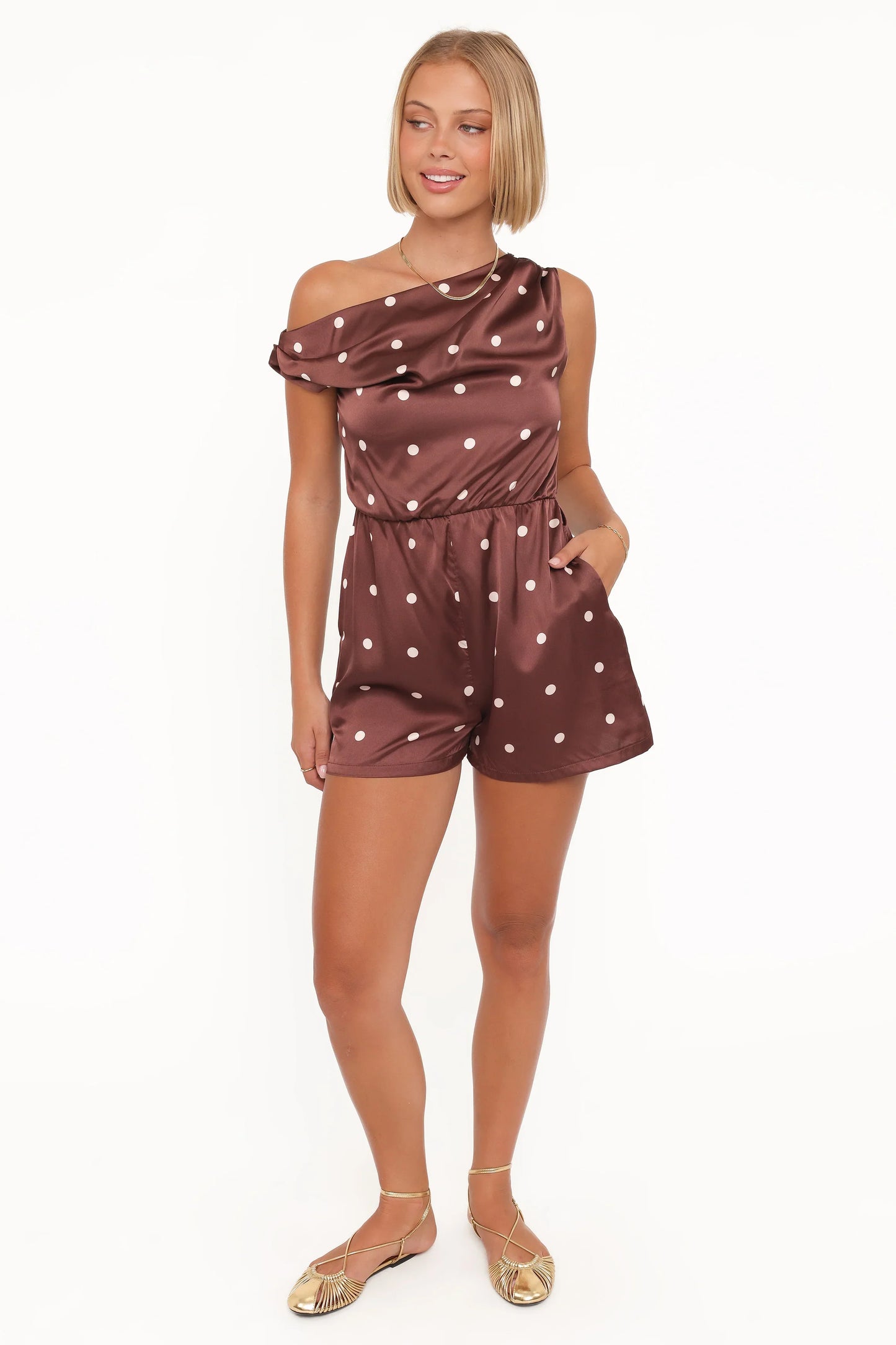Cassidy One Shoulder Romper Brown Polka Dot
