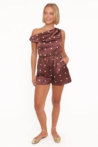 Cassidy One Shoulder Romper Brown Polka Dot